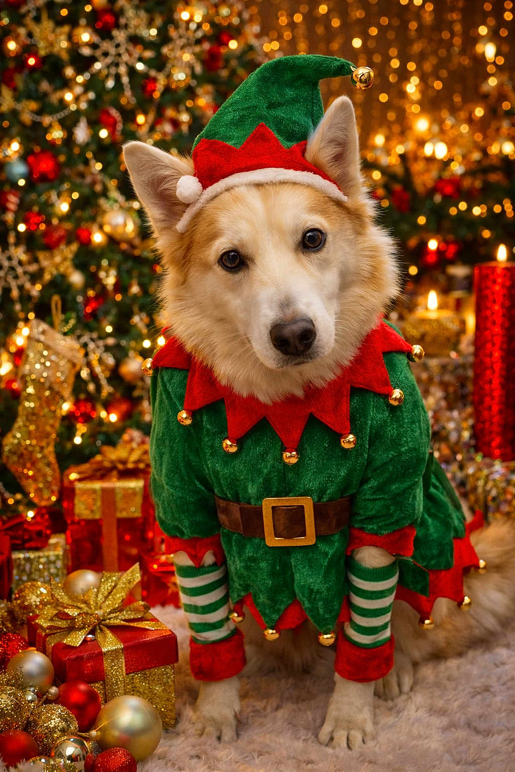 Dakota is registered to the contest to win money with this photo: dog, christmas, holiday, elf_costume, festive, decorations, christmas_tree, presents, candles, gold, red, green, costume, pet, cute, celebration, indoors, fur, portrait, holiday_season