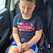 Esteban a rejoint le concours — aidez-le/la à gagner de superbes lots ! child, boy, car_seat, booster_seat, seatbelt, blue_shorts, navy_tshirt, short_hair, smiling, sitting, car_interior, window, seat, safety, child_safety, casual_clothing, young, portrait, daylight, indoors