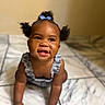 baby, child, smiling, crawling, pigtails, blue_bow, floor, tile_floor, indoor, cute, happy, person, portrait, infant, young_child, skin, clothing, baby_girl, closeup, head