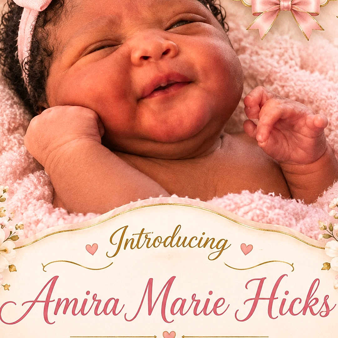 Amira is registered to the contest to win money with this photo: newborn, baby, infant, portrait, smiling, sleepy, pink, blanket, headband, bow, floral, flowers, birth_announcement, text, girl, lying_down, close_up, face, hands, studio_photo