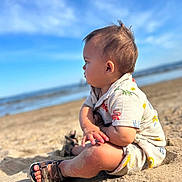Jonah joined the competition — help win amazing prizes! child, baby, beach, sand, sea, sky, clouds, sunny, outdoor, portrait, side_view, sitting, sandal, clothing, casual, nature, daytime, cute, young, vacation