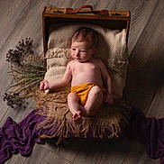 Ambroise participe au concours pour gagner de l'argent avec cette photo : baby, newborn, infant, suitcase, blanket, wooden_floor, purple_cloth, dried_flowers, cozy, blanket_texture, portrait, indoors, child, cute, resting, soft_light, wood, small, wrapped, skin