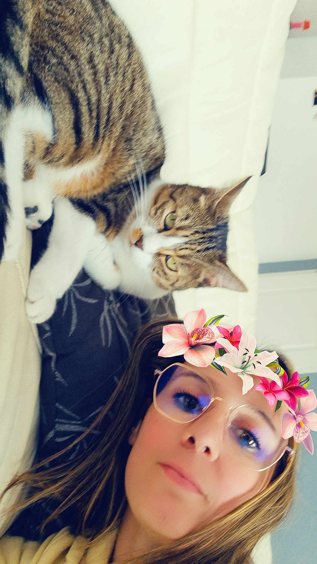 Tina participe au concours pour gagner de l'argent avec cette photo : woman, cat, glasses, flower_crown, selfie, tabby_cat, indoor, couch, pet, face, casual, relaxed, curious, fur, whiskers, portrait, home, comfort, filter, glasses_reflection
