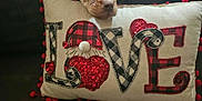 Athena is registered to the contest to win money with this photo: puppy, dog, decorative_pillow, love, red, black, white, sequins, heart, couch, fabric, cute, pet, indoor, closeup, floppy_ears, animal, adorable, cozy, holiday