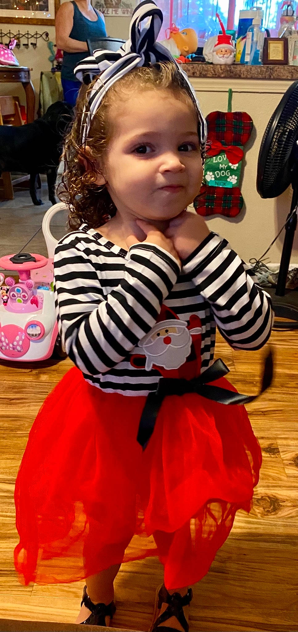 Sophia joined the competition — help win amazing prizes! audio_equipment, child, entertainment, event, fashion_design, flooring, fun, hairstyle, happy, headband, holiday, human_leg, mechanical_fan, people, performing_arts, person, play, sitting, snapshot, toddler