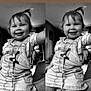 child, toddler, smiling, black_and_white, denim_dress, pony_tail, indoor, portrait, cute, happy, beads, pacifier_clip, clothing, person, baby, two_photos, collage, seated, face, hair