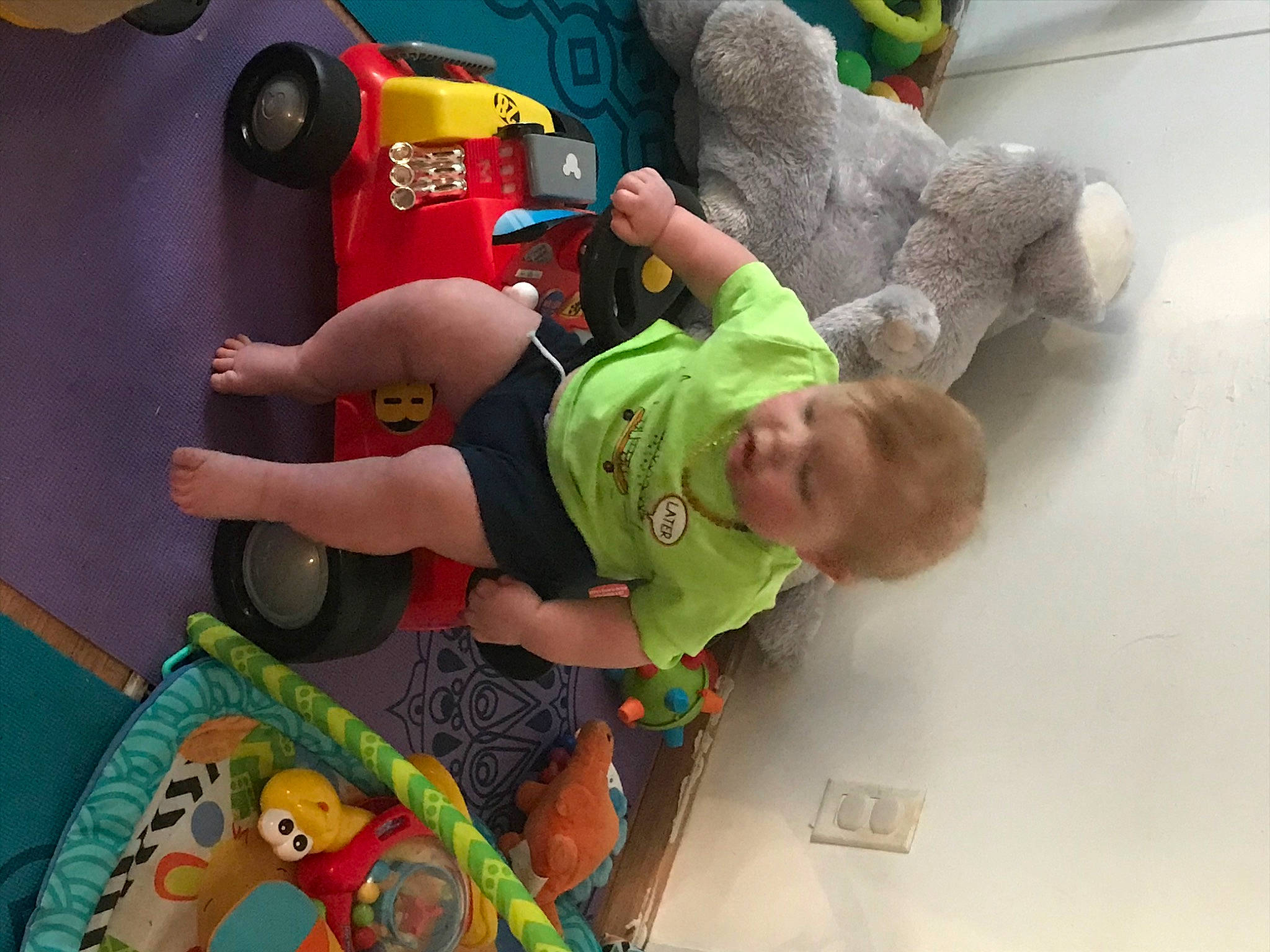 Braylen is registered to the contest to win money with this photo: arm, baby_toys, child, fictional_character, fun, green, joint, person, play, snapshot, stuffed_toy, textile, toddler, toy, world