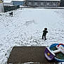 backyard, basketball_hoop, child, cloudy_sky, dog, fence, footprints, garage, grass, houses, jacket, outdoor, pants, pet, plastic_pool, play, snow, snow_covered, toys, winter