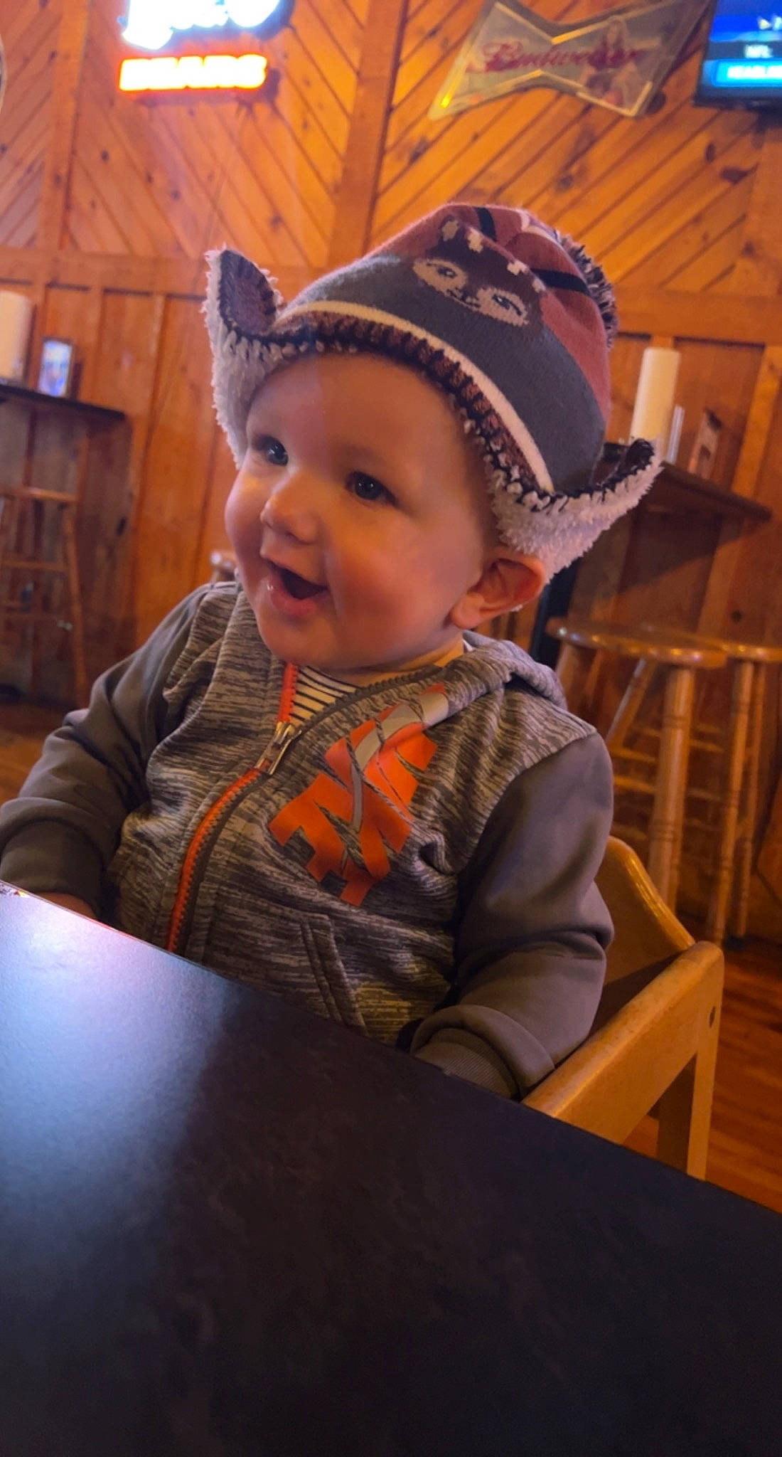 Kysen joined the competition — help win amazing prizes! baby, baby_toddler_clothing, cap, chair, cheek, child, fashion_accessory, fun, happy, hat, headgear, headwear, iris, person, personal_protective_equipment, sitting, skin, smile, table, toddler