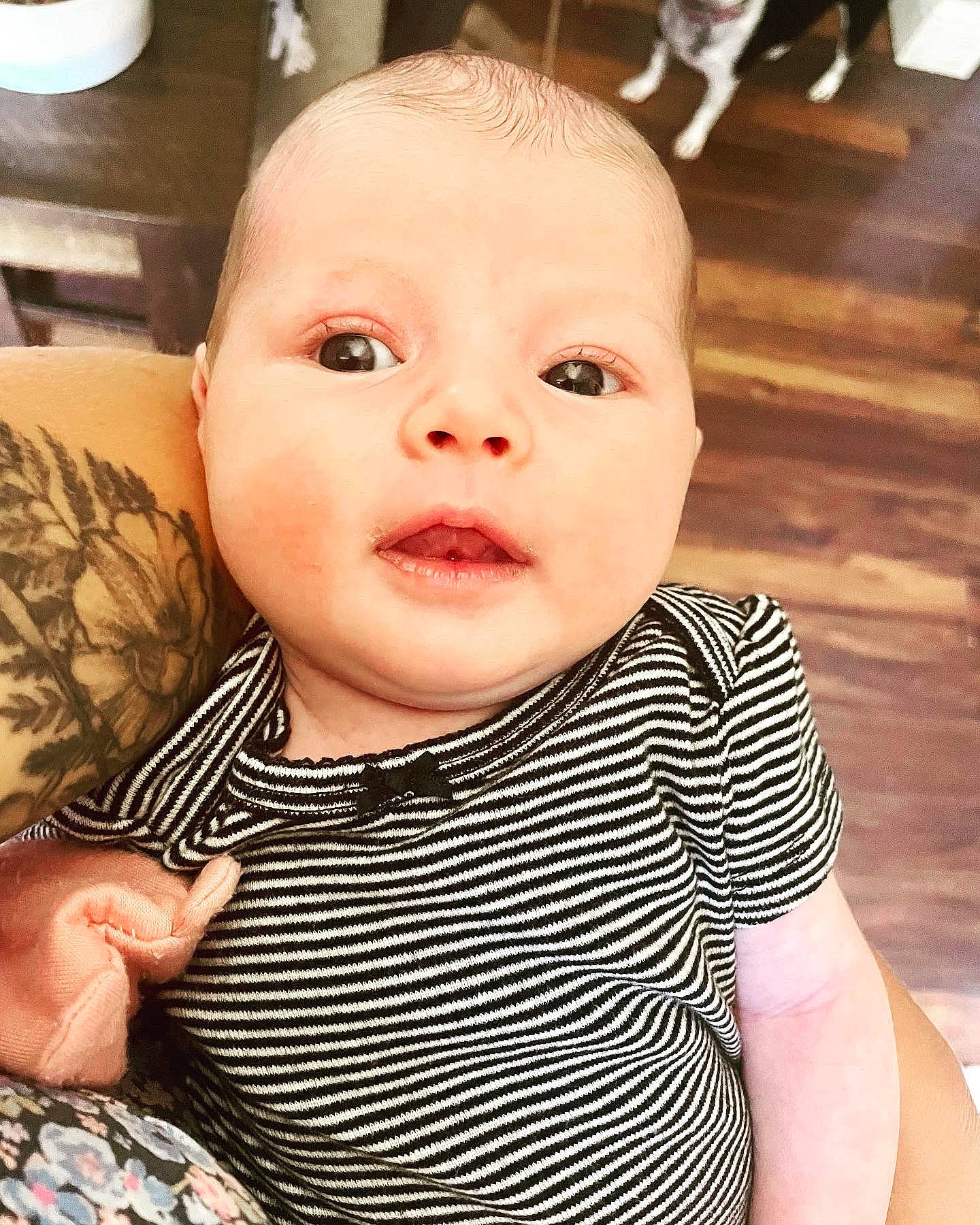 Brooklynn is registered to the contest to win money with this photo: baby, baby_toddler_clothing, cheek, child, chin, eye, eyelash, face, gesture, happy, head, iris, lip, mouth, nose, pattern, person, skin, sleeve, t_shirt