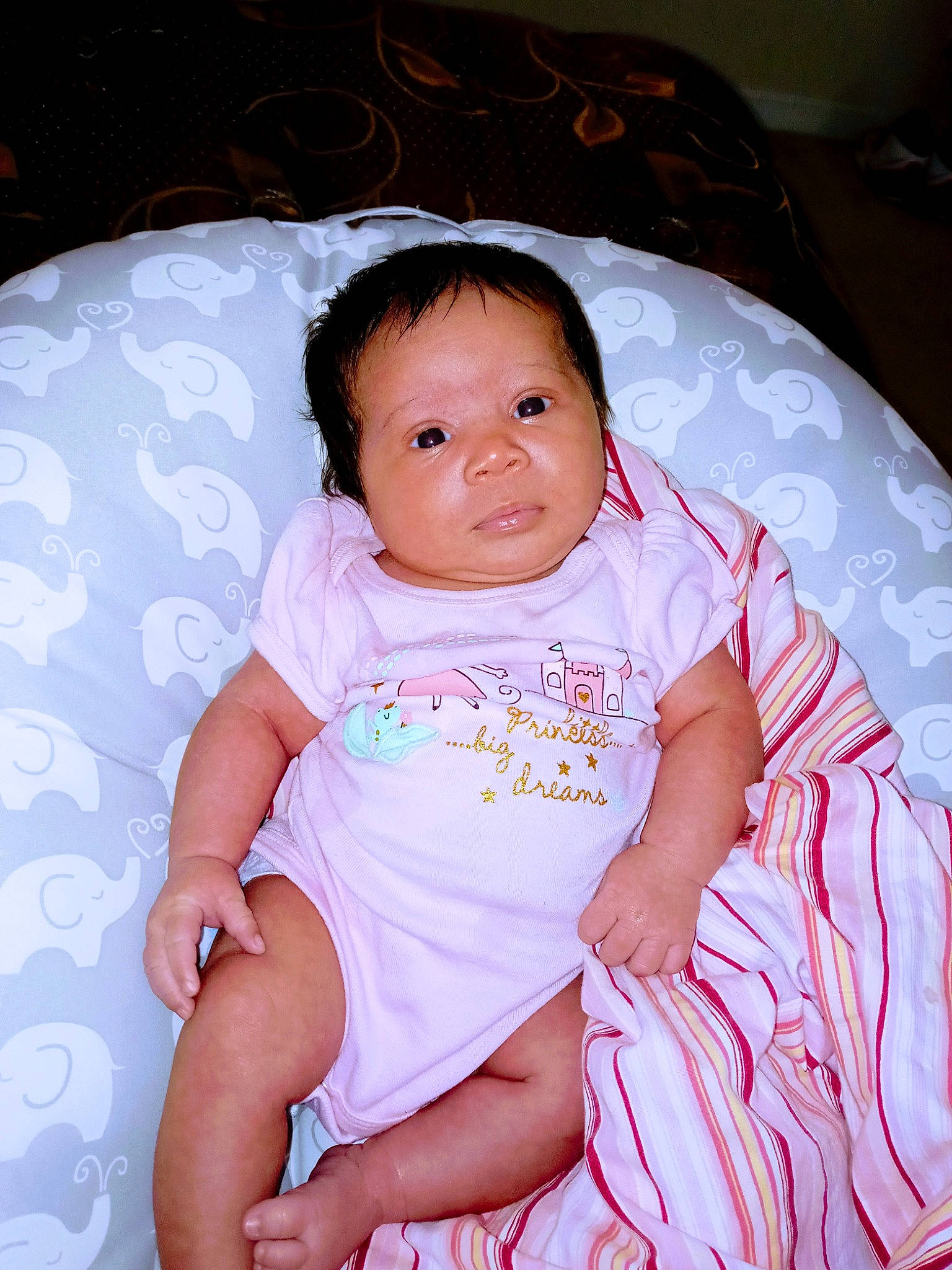 Kalaya is registered to the contest to win money with this photo: baby, baby_toddler_clothing, cheek, chin, comfort, dress, eye, flash_photography, happy, iris, linens, lip, neck, pattern, person, pink, skin, sleeve, smile, t_shirt