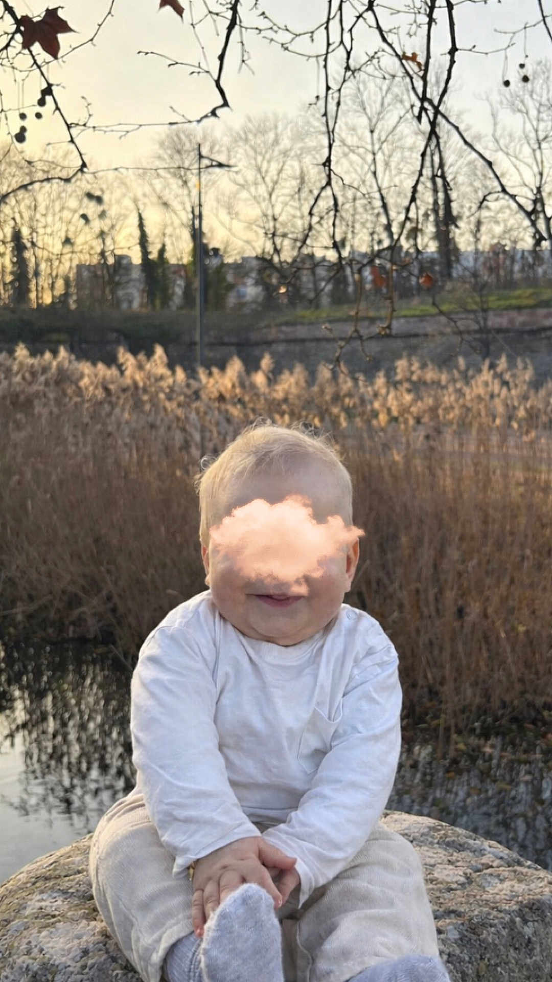 Kémys participe au concours pour gagner de l'argent avec cette photo : baby, infant, child, sitting, rock, pond, water, reeds, tall_grass, trees, bare_branches, sunset, sky, cloud_sticker, white_shirt, socks, smile, outdoors, portrait, nature