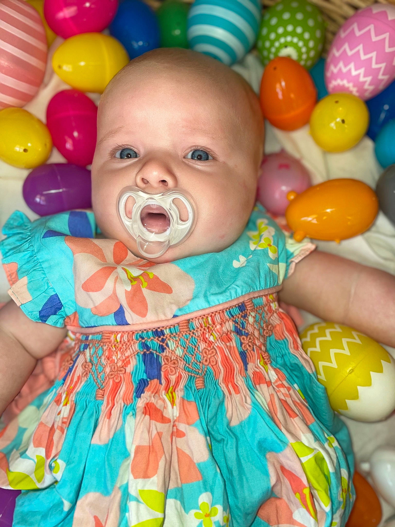 Kaydence joined the competition — help win amazing prizes! baby, baby_toddler_clothing, balloon, blue, cheek, dress, eye, face, facial_expression, hair, happy, head, human_body, nose, orange, organ, person, pink, product, skin