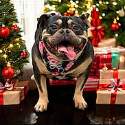 Whiskey is registered to the contest to win money with this photo: bandana, black_dog, celebration, christmas_lights, christmas_tree, decorations, dog, festive, festive_season, happy, holiday, holiday_spirit, indoor, ornaments, pet, red_bow, smiling_dog, tan_paws, tongue_out, wrapped_gifts