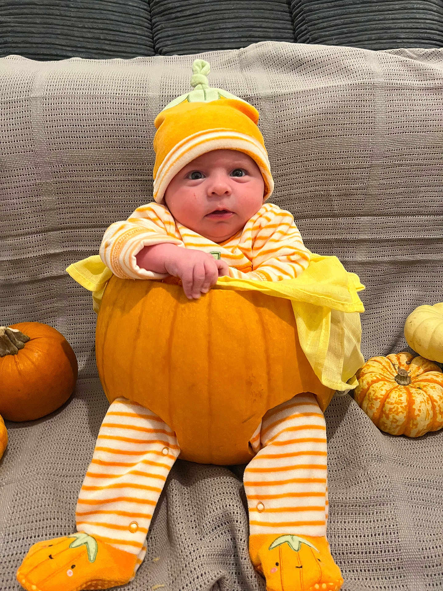 Henry joined the competition — help win amazing prizes! baby, pumpkin, orange, striped_pajamas, hat, blanket, fall, autumn, cute, child, sitting, face, footwear, decor, holiday, small_pumpkins, cozy, indoor, portrait, festive