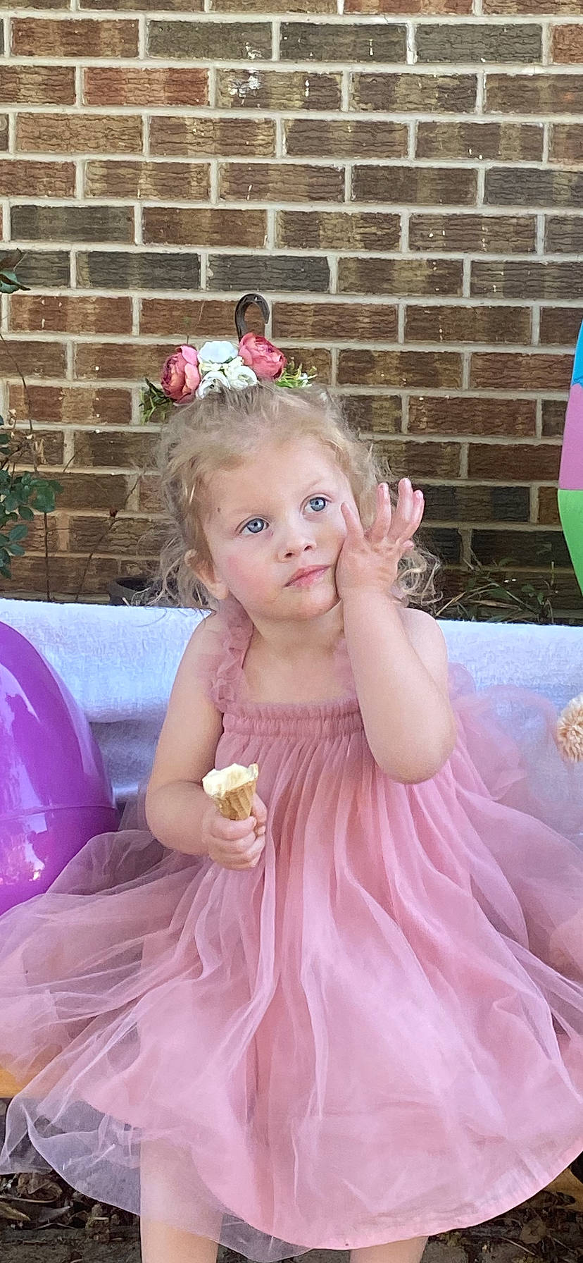 Paisley joined the competition — help win amazing prizes! baby, baby_toddler_clothing, bridal_accessory, bridal_clothing, bridal_party_dress, child, dress, hairstyle, happy, headpiece, iris, magenta, person, petal, pink, plant, purple, skin, textile, toddler