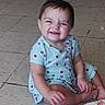 Kailee joined the competition — help win amazing prizes! toddler, child, baby, smiling, grinning, sitting, indoor, tiled_floor, dress, ladybug_pattern, short_hair, barefoot, wipes, packaging, household_item, portrait, happy, playful, floor, photograph