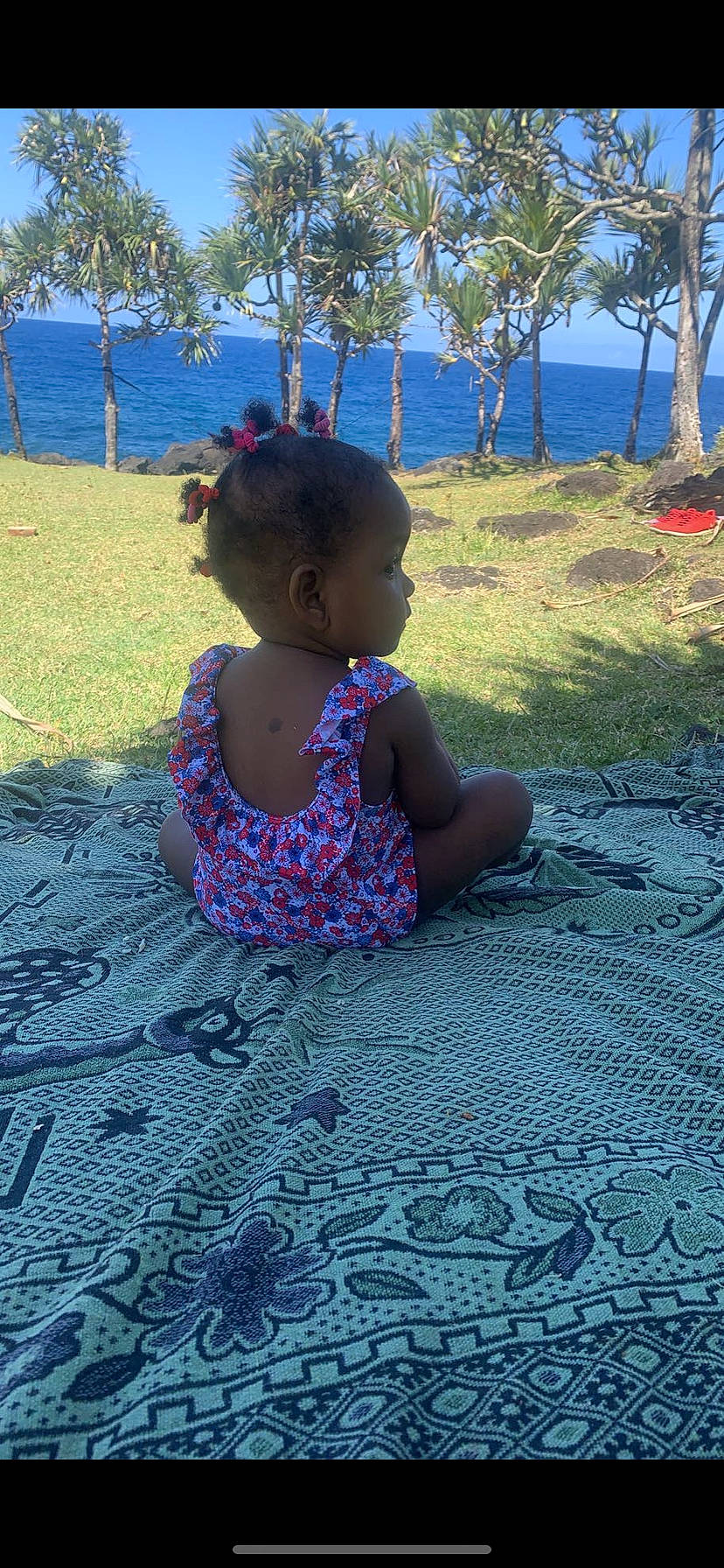 Lilia participe au concours pour gagner de l'argent avec cette photo : baby, baby_toddler_clothing, blue, child, electric_blue, flooring, flower, fun, grass, leaf, leisure, magenta, pattern, people_in_nature, person, plant, recreation, road_surface, sitting, toddler