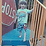 toddler, child, playground, barefoot, stop_sign, orange_railings, blue_steps, shorts, tshirt, outdoor, trees, smiling, person, daylight, play_equipment, clothing, young_child, casual, happy, walking