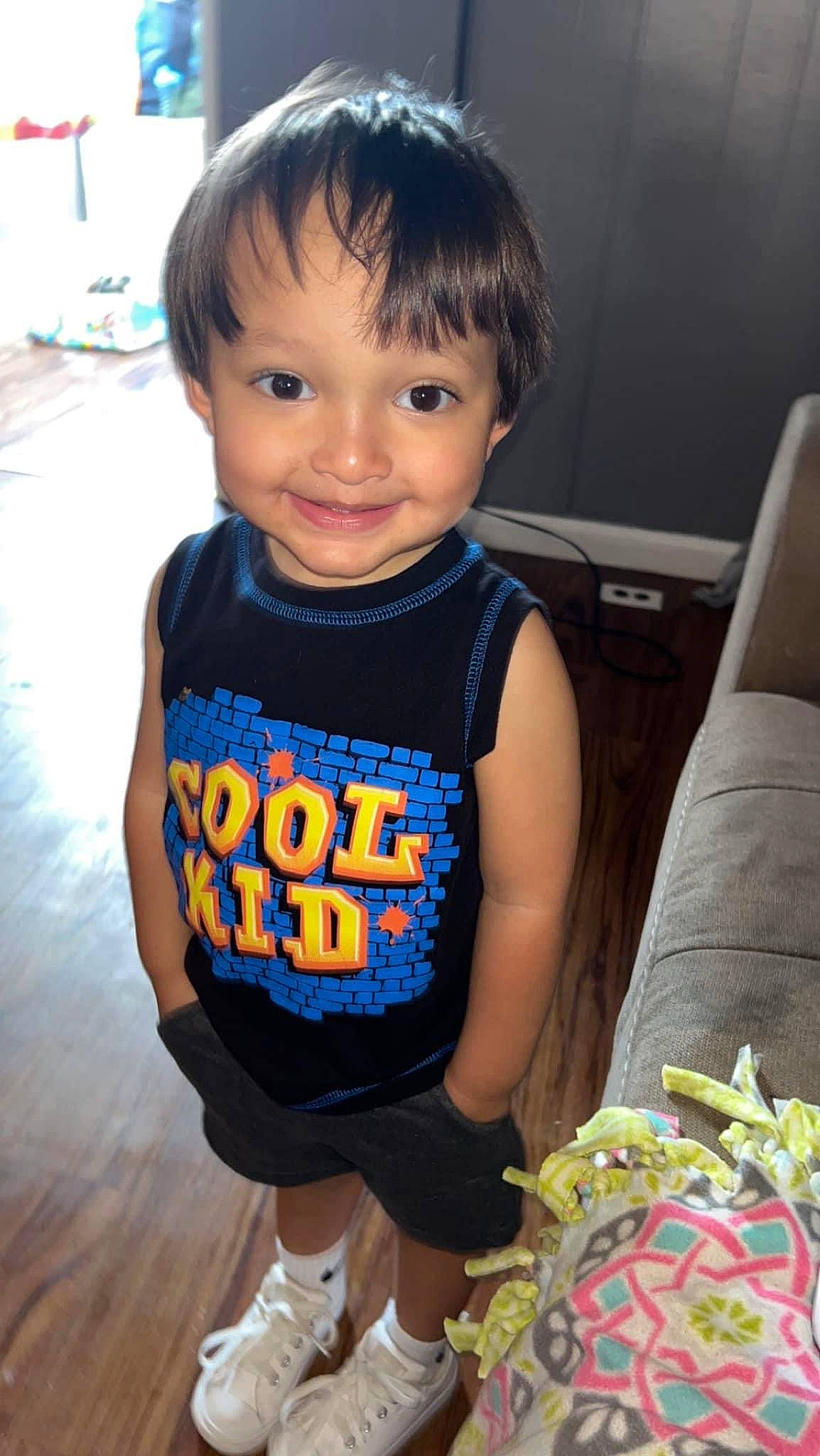 Kyson joined the competition — help win amazing prizes! baby, baby_toddler_clothing, cheek, child, cool, electric_blue, eye, face, facial_expression, flooring, fun, happy, head, iris, joy, person, skin, sleeve, smile, t_shirt