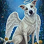 dog, white_dog, angel_wings, pearl_halo, pearl_decorations, flowers, blue_flowers, yellow_flowers, night_sky, stars, crescent_moon, forest, foliage, painting, artwork, fantasy, serene, angelic, sitting, animal_portrait