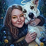 Ginger is registered to the contest to win money with this photo: woman, dog, hugging, portrait, night, moon, stars, flowers, garden, halo, constellations, rings, sparkles, plaid_clothing, smiling, closeup, friendly, affection, fantasy, magical