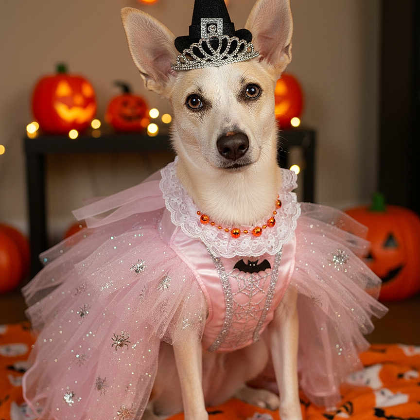 Ginger is registered to the contest to win money with this photo: beads, blanket, costume, cute, decorations, dog, dress, festive, halloween, hat, indoor, jack_o_lantern, lights, orange, pet, portrait, pumpkin, spooky, tiara, tutu