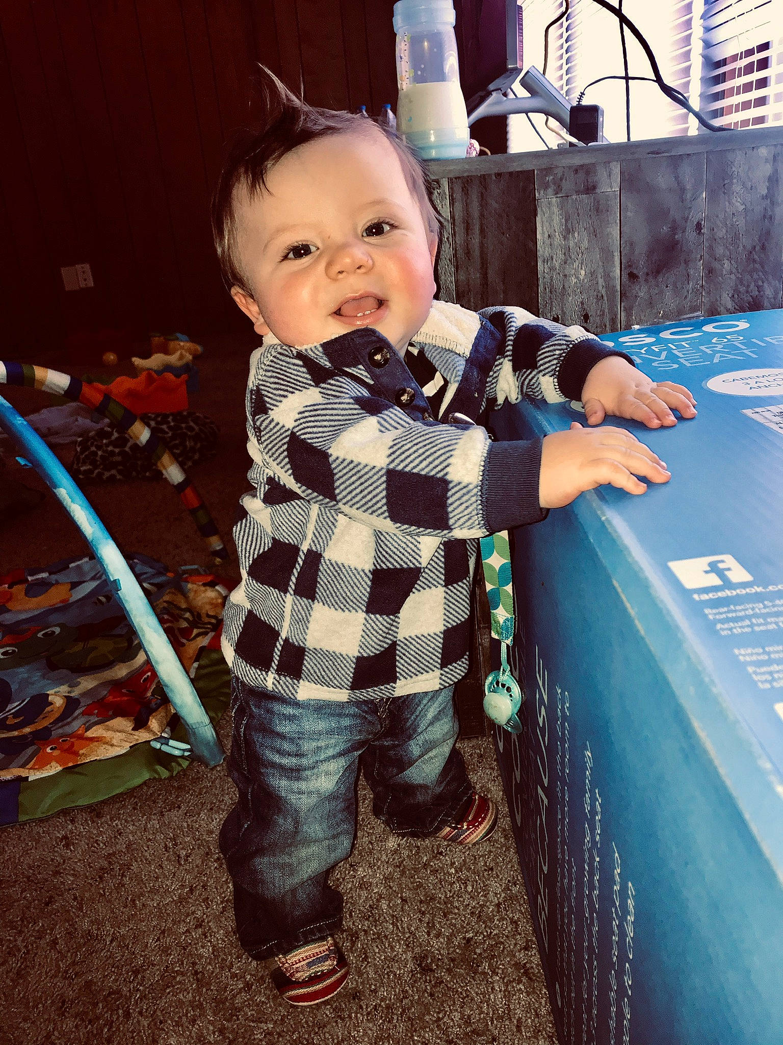 Rex joined the competition — help win amazing prizes! baby, cheek, child, design, face, head, pattern, person, plaid, play, skin, smile, tartan, textile, toddler