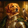 Rapha joined the competition — help win amazing prizes! animal, armor, bird, clothing, companion, costume, dog, fantasy, golden_retriever, hawk, historic, knight, medieval, noble, ornate, painting, perched, portrait, regal, vintage