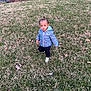 child, toddler, grass, jacket, outdoor, lawn, curious, standing, leaves, brick_wall, shoes, person, daylight, nature, young_child, hair_beads, casual_clothing, playful, small_person, yard