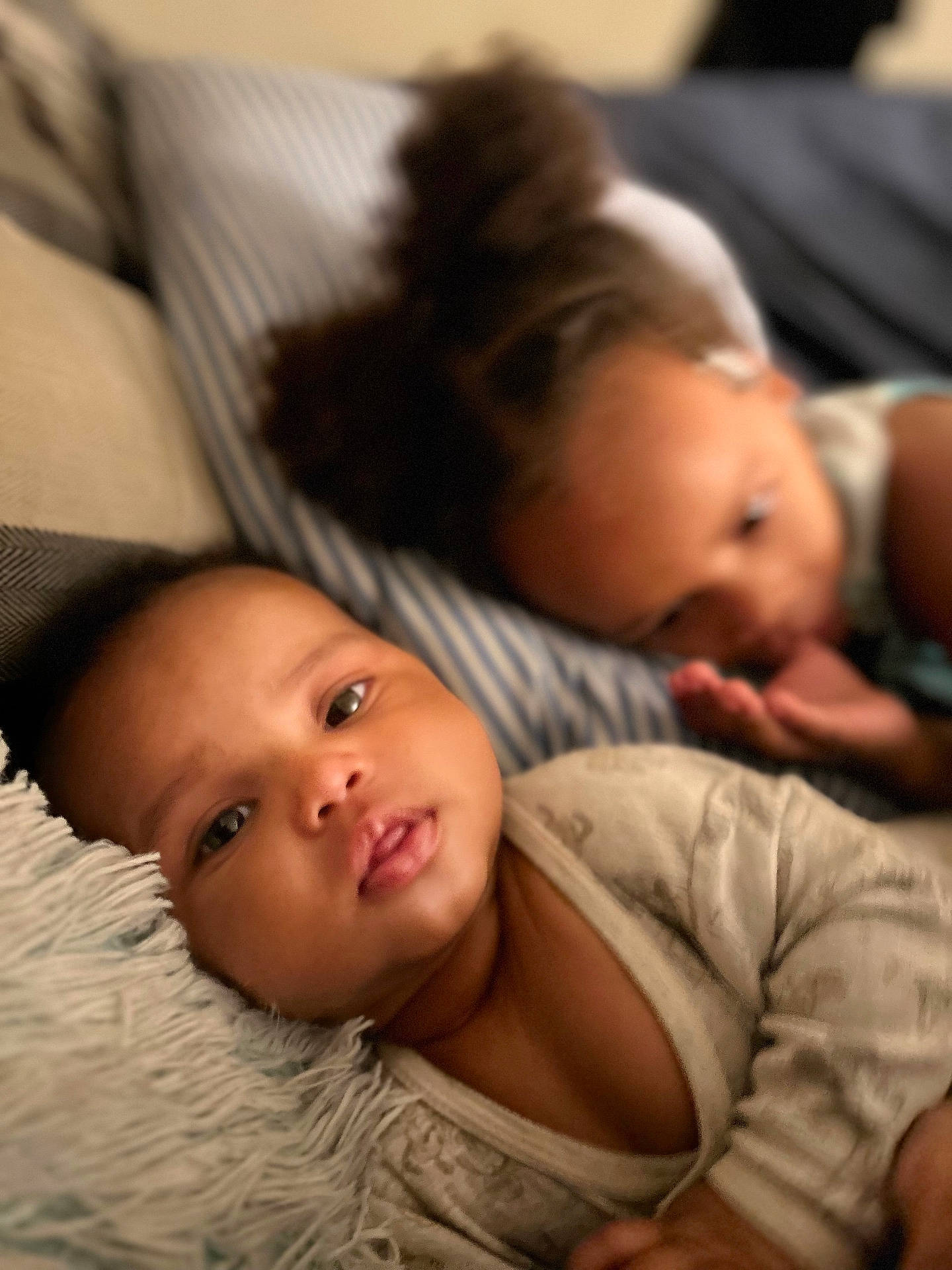 baby, bed, blanket, child, closeup, cozy, curly_hair, cute, family, indoor, person, pillow, portrait, relaxing, siblings, sleepwear, smiling, soft_light, toddler, young