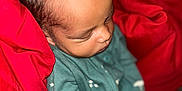 Kacen is registered to the contest to win money with this photo: baby, blanket, child, closeup, cozy, cute, face, green_clothing, hair, indoors, infant, newborn, peaceful, portrait, red_blanket, resting, skin, sleeping, soft, warm