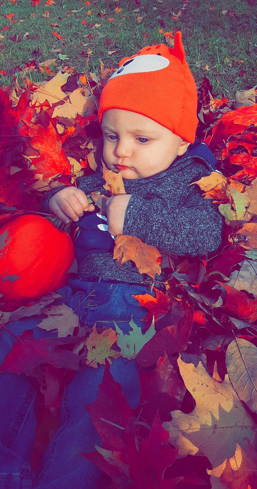 Carter is registered to the contest to win money with this photo: baby, baby_laughing, baby_toddler_clothing, ball, beanie, bonnet, child, christmas, costume_accessory, headwear, holiday, hood, human, knit_cap, nose, person, portrait_photography, produce, red, toddler