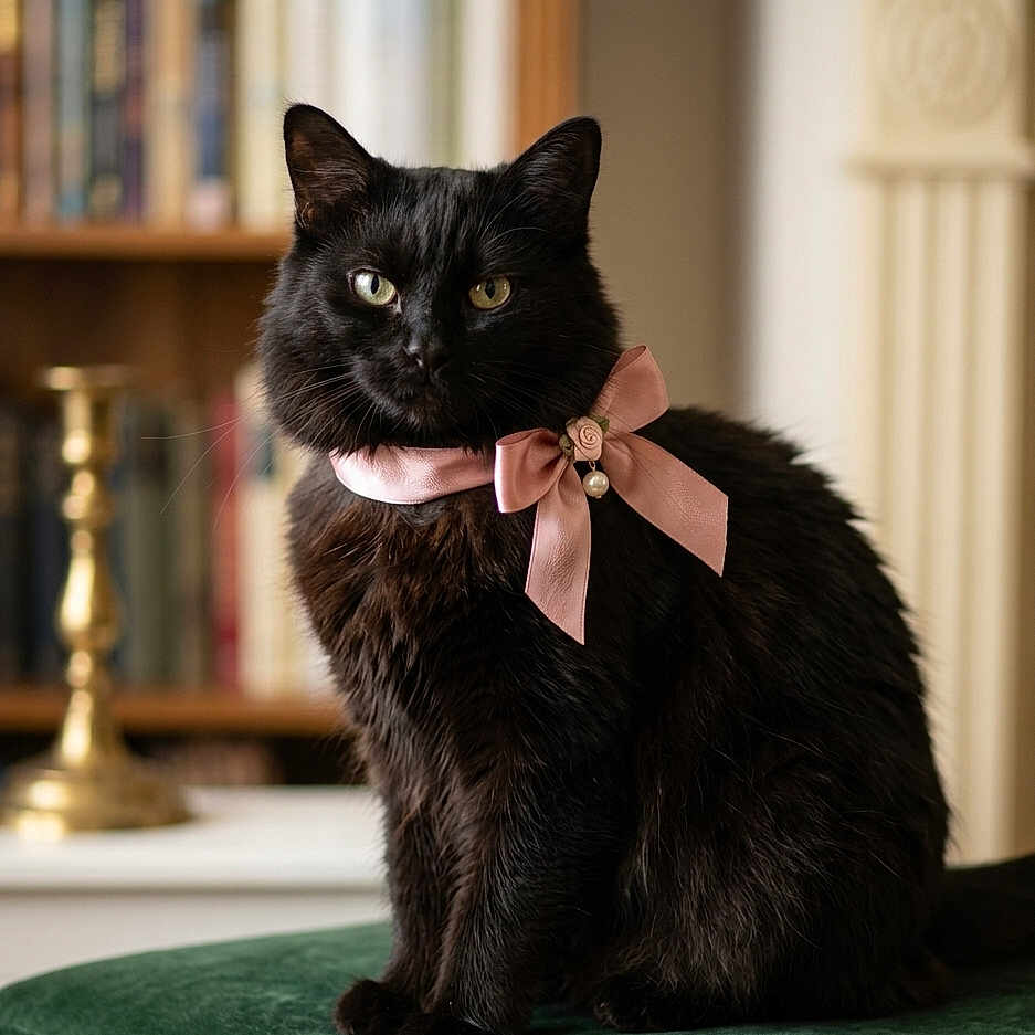 Crakle is registered to the contest to win money with this photo: black_cat, cat, pet, animal, bow, pink_bow, indoor, furniture, bookshelf, candlestick, portrait, feline, domestic_cat, sitting, closeup, fluffy, cute, decor, green_surface, soft_lighting