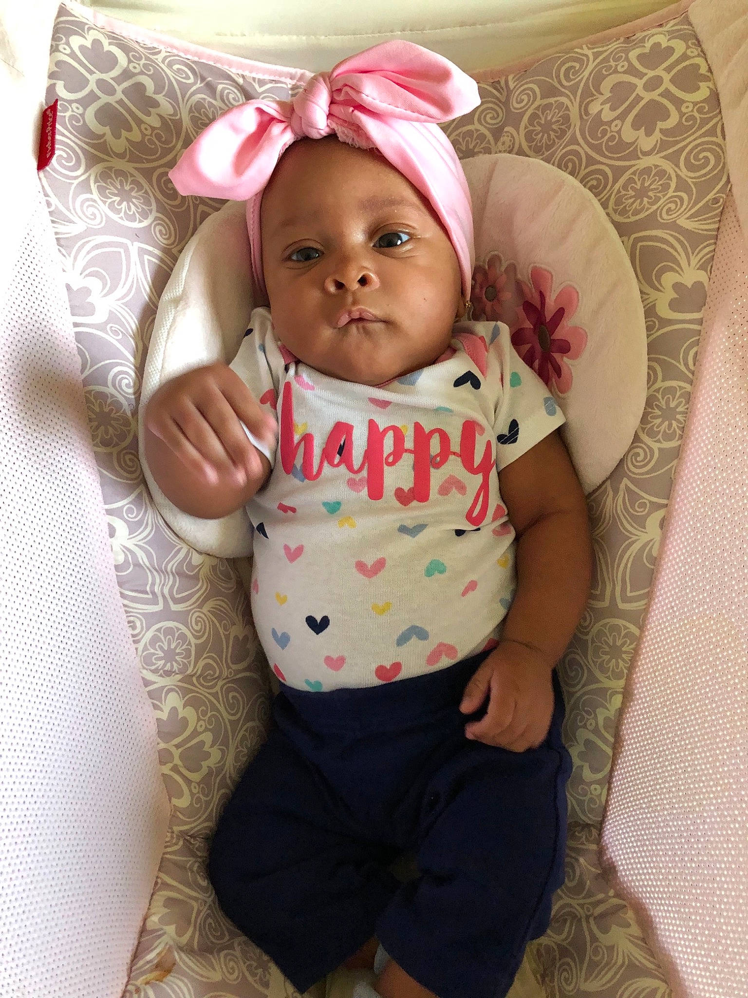 Kaidence is registered to the contest to win money with this photo: baby, baby_products, baby_toddler_clothing, cheek, child, ear, hair_accessory, happy, head, headgear, person, pink, product, skin, sleeve, smile, toddler