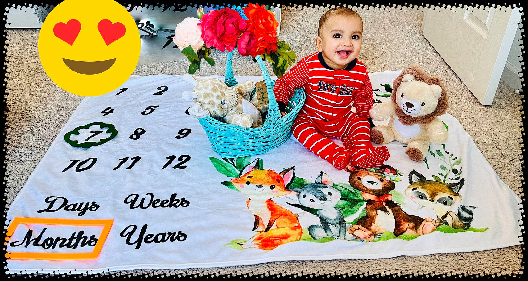 Aryan is registered to the contest to win money with this photo: art, baby_products, baby_toddler_clothing, child, fictional_character, flower, font, graphics, happy, linens, pattern, person, petal, plant, play, room, sharing, smile, stuffed_toy, t_shirt