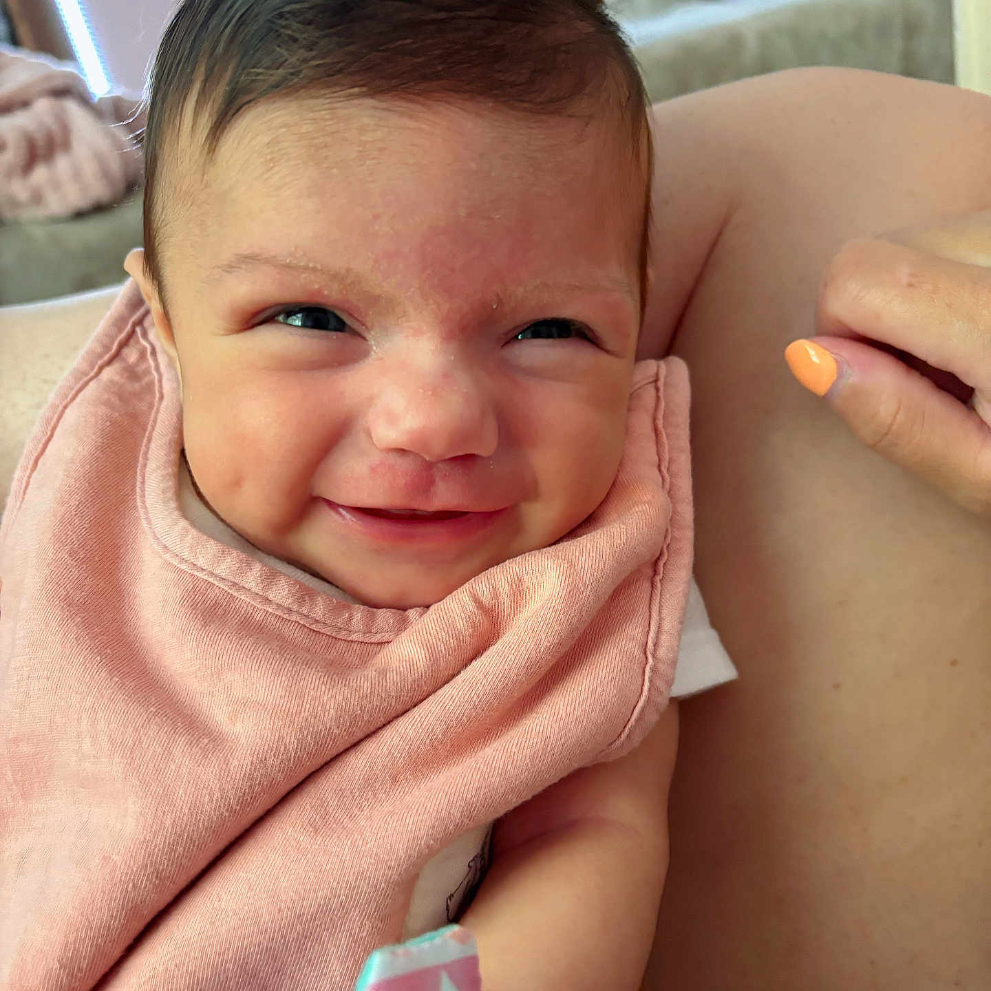 Isla joined the competition — help win amazing prizes! baby, blanket, bodypart, couch, face, finger, frown, furniture, hand, happy, head, mouth, newborn, person, photography, portrait, sad, smile, towel, wrist