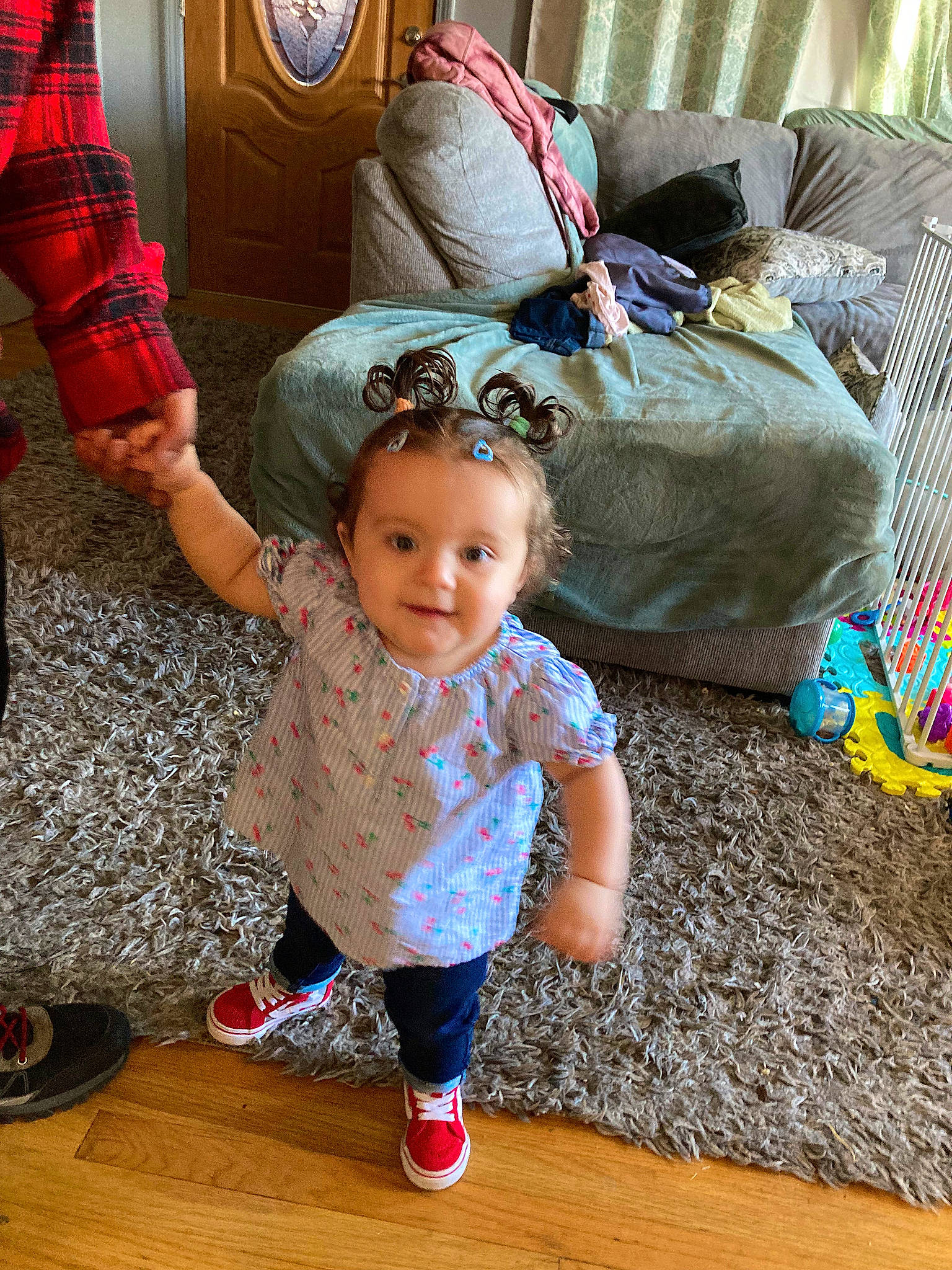 Lylah joined the competition — help win amazing prizes! baby, baby_toddler_clothing, bag, child, couch, floor, flooring, fun, happy, hardwood, leisure, pattern, person, room, sitting, sock, textile, toddler, white, wood