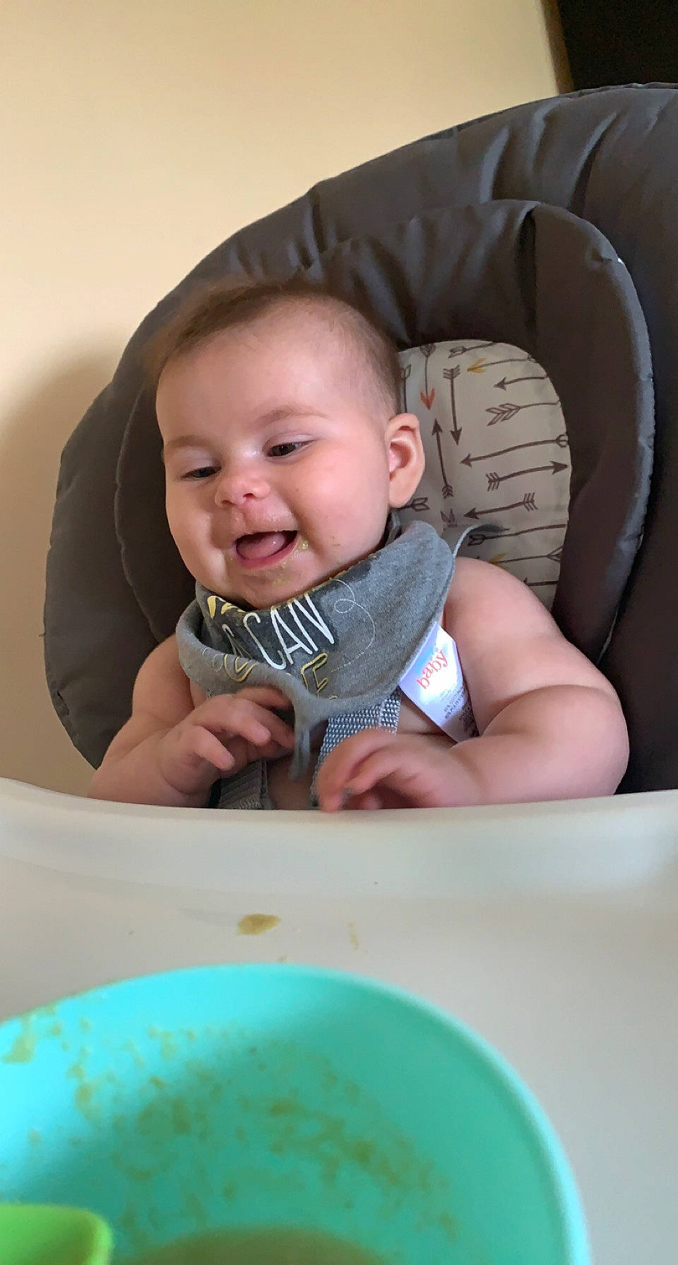 Evelynn joined the competition — help win amazing prizes! arm, baby, baby_toddler_clothing, blue, cheek, child, comfort, dishware, finger, fun, happy, iris, person, room, sitting, skin, sleeve, smile, table, tableware