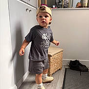 Mylo participe au concours pour gagner de l'argent avec cette photo : toddler, child, cap, clothing, shorts, socks, shoes, standing, indoor, flooring, rug, wicker_stool, cabinet, photograph, frame, decor, person, expression, curious, hat