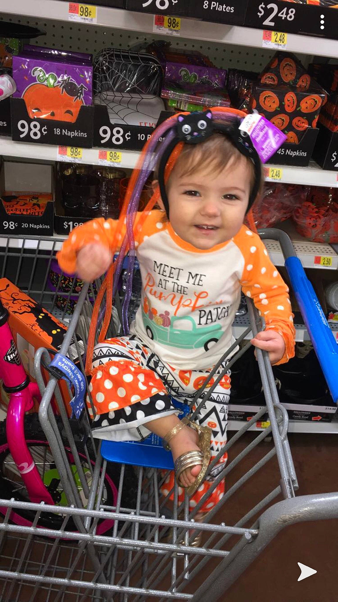 Ally is registered to the contest to win money with this photo: child, fun, headwear, person, smile, supermarket, toddler, vehicle