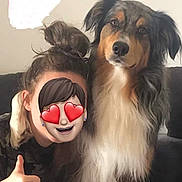 Oxy participe au concours pour gagner de l'argent avec cette photo : dog, person, thumbs_up, indoor, couch, fluffy, long_hair, black, brown, white, pet, companion, smile, happy, casual, home, friendship, animal, cute, relaxed