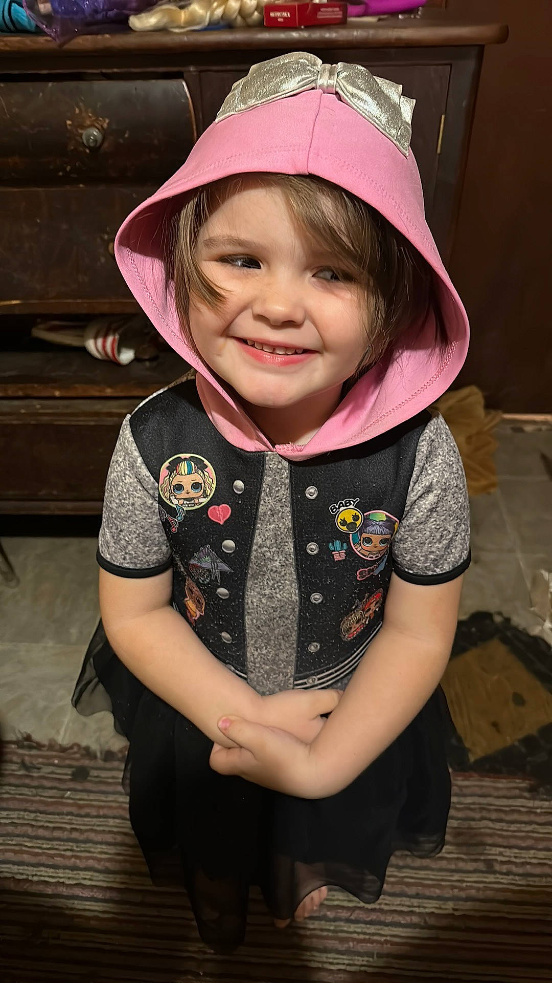 Paislee joined the competition — help win amazing prizes! baseball_cap, cap, child, chin, dress, flash_photography, fun, happy, headgear, headwear, human_body, joy, lip, magenta, neck, outerwear, person, pink, purple, skin