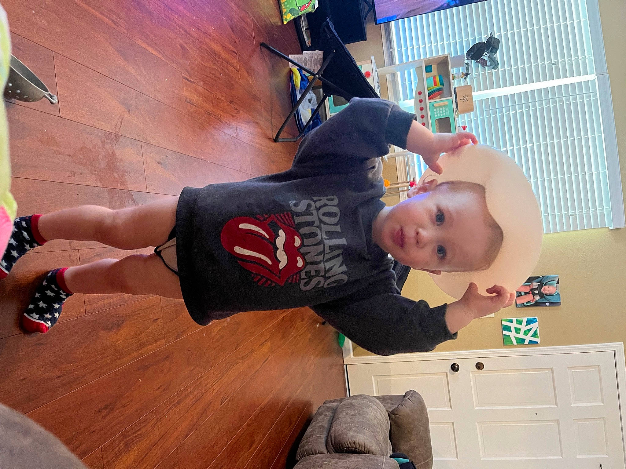Adam joined the competition — help win amazing prizes! baby, baby_toddler_clothing, cool, flooring, fun, hardwood, hat, human_leg, knee, person, room, sportswear, t_shirt, thigh, tire, toddler