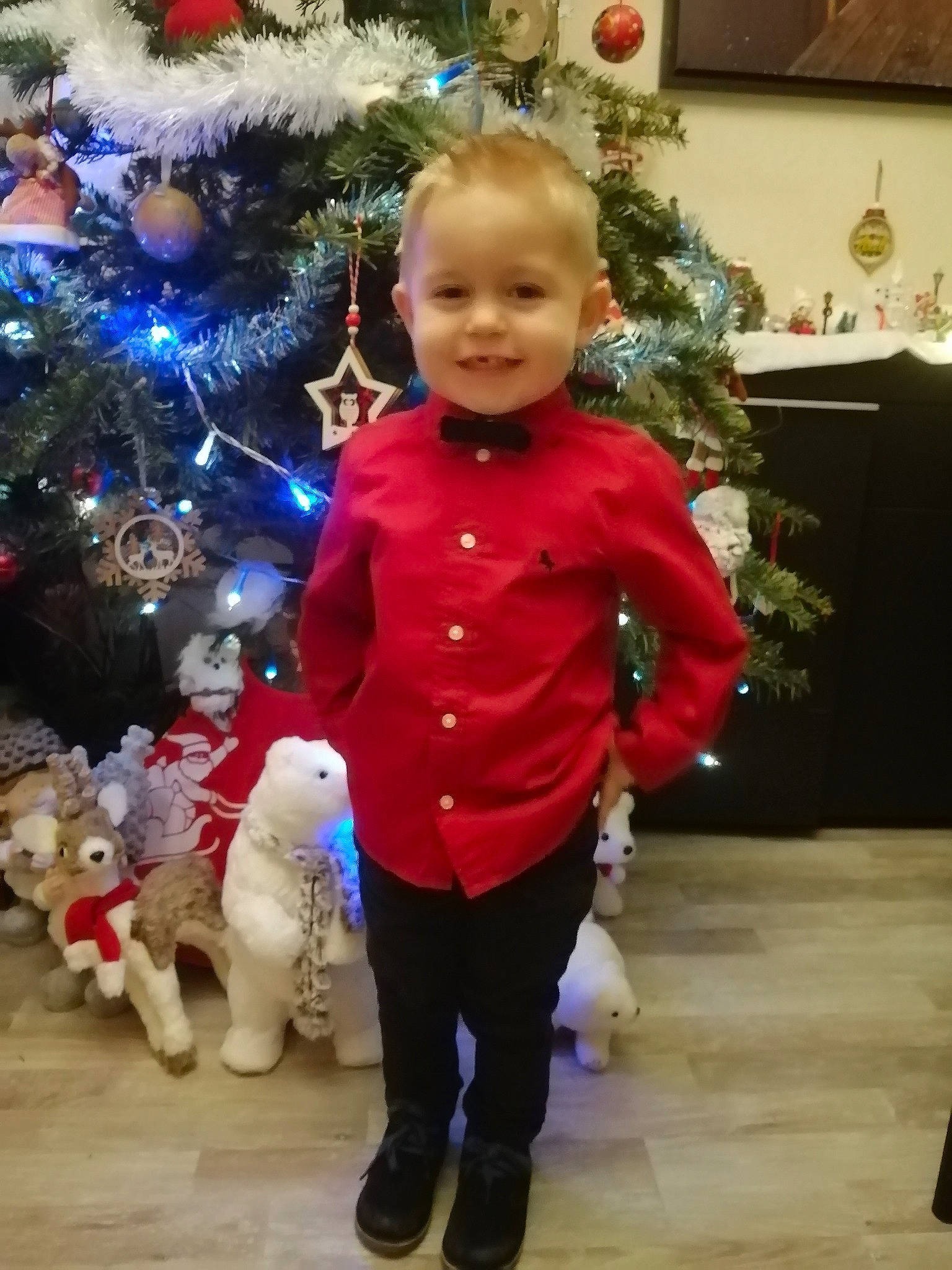 Axel participe au concours pour gagner de l'argent avec cette photo : christmas, christmas_decoration, christmas_eve, christmas_ornament, christmas_tree, conifer, event, evergreen, fun, happy, holiday, holiday_ornament, human_body, joy, ornament, person, plant, smile, standing, toddler