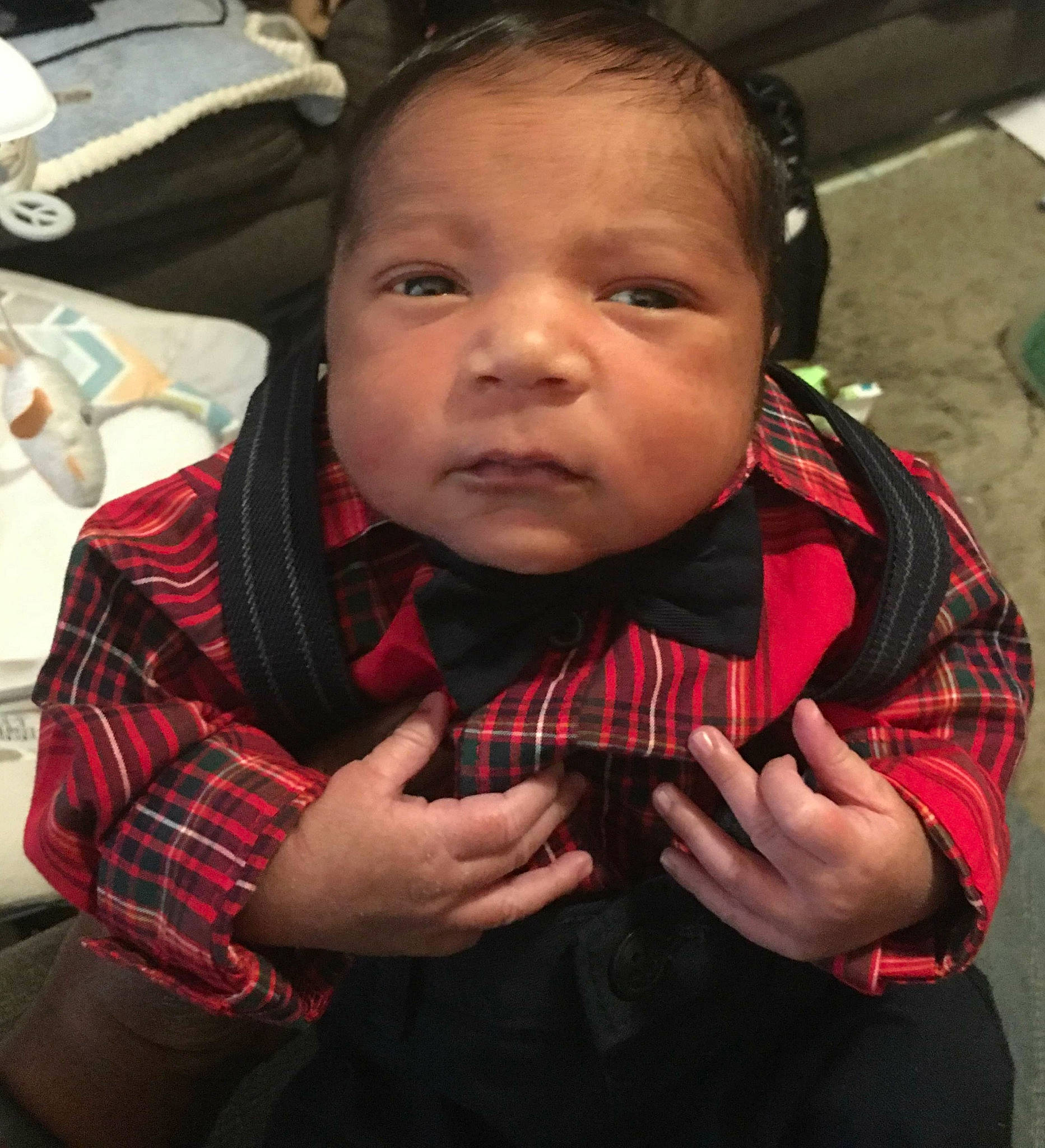 Prince is registered to the contest to win money with this photo: baby, cheek, child, cool, design, face, finger, forehead, head, lip, nose, pattern, people, person, plaid, skin, smile, tartan, textile, thumb