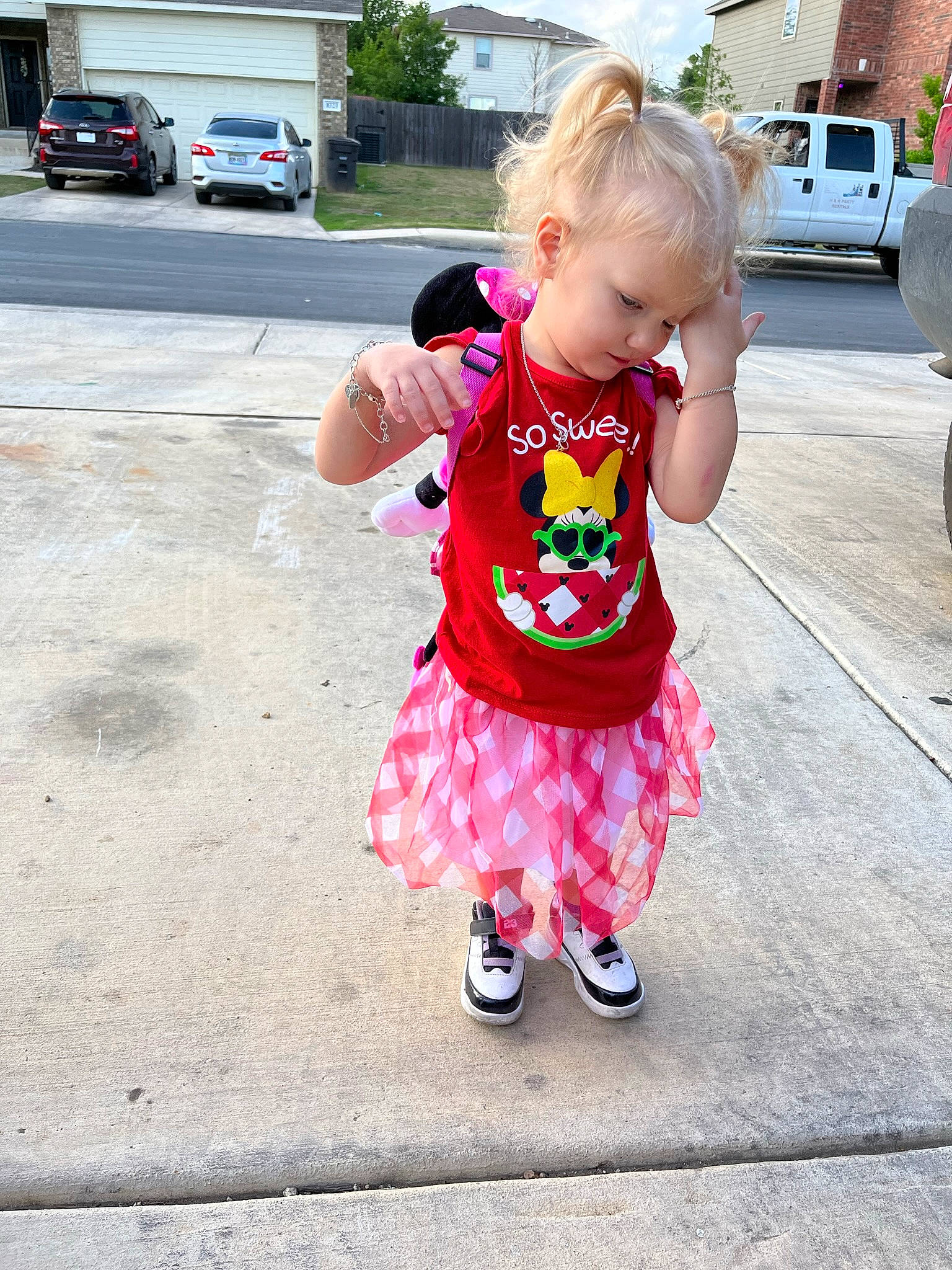 Queen joined the competition — help win amazing prizes! asphalt, baby, baby_toddler_clothing, blond, car, child, event, footwear, happy, magenta, people, person, pink, plant, road, shoe, sidewalk, tire, toddler, tree