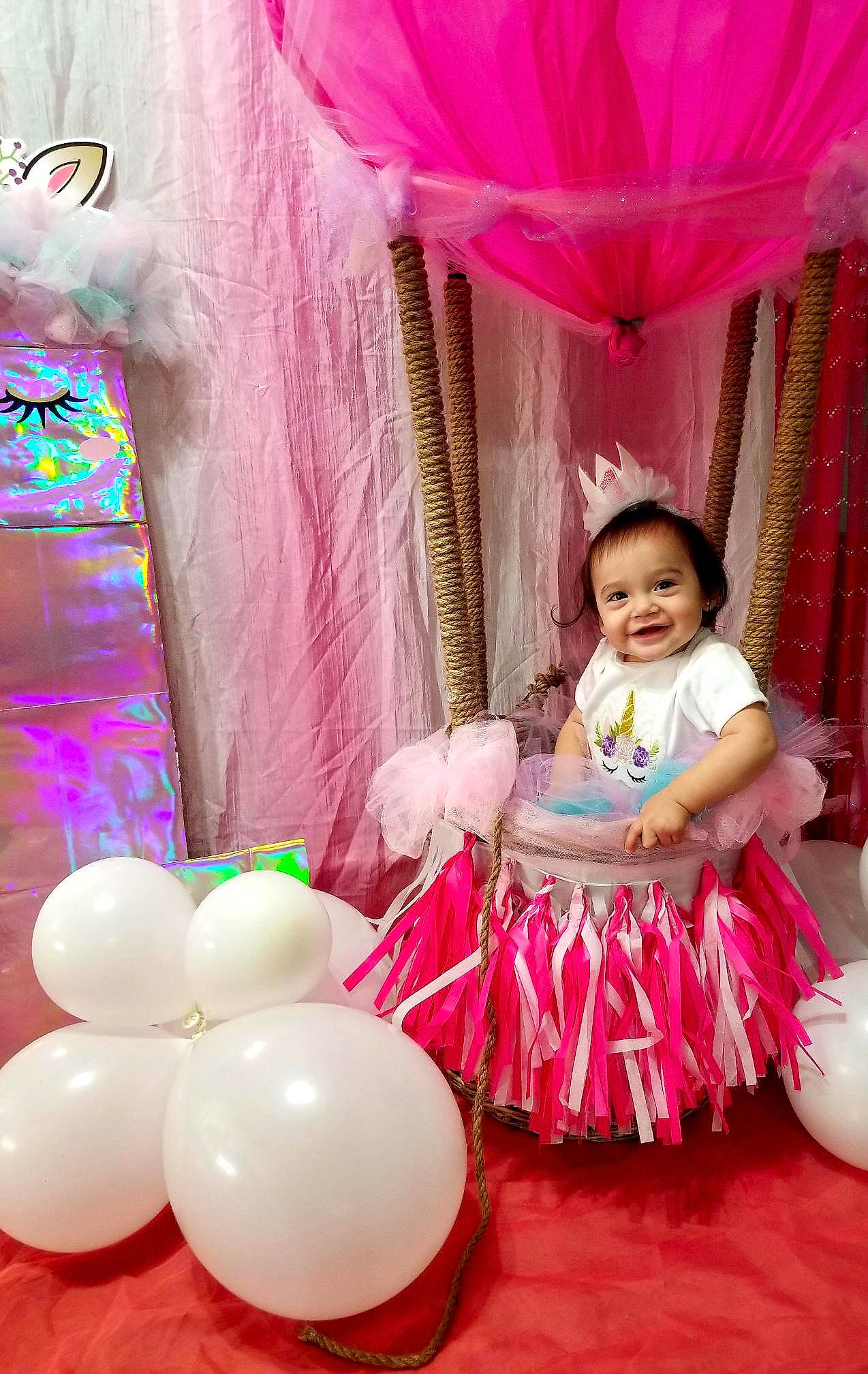 Aimee is registered to the contest to win money with this photo: balloon, birthday, child, costume, joy, magenta, party, party_supply, person, pink, toddler