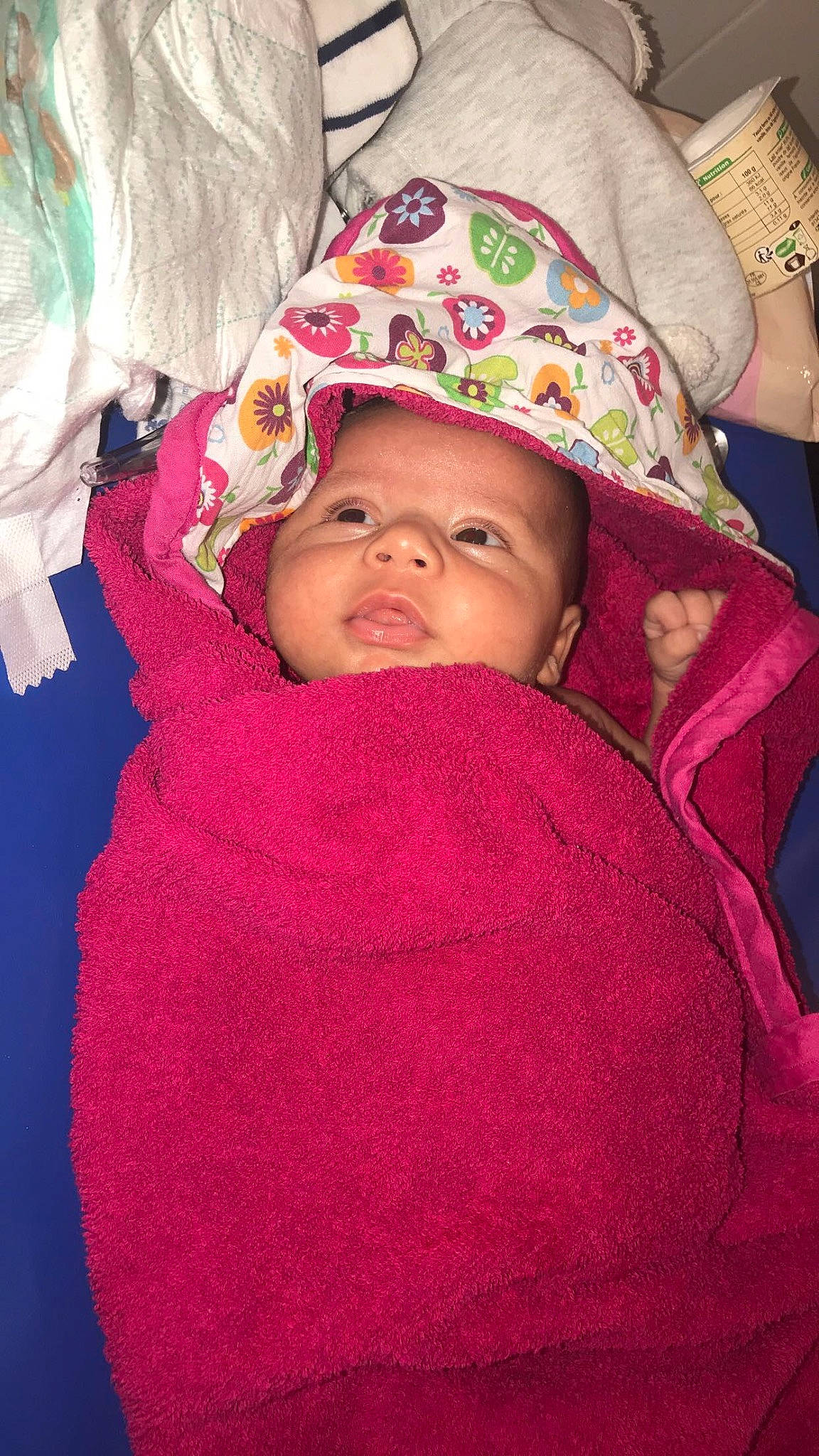 Nahyl participe au concours pour gagner de l'argent avec cette photo : baby, cheek, child, chin, comfort, face, fun, happy, headwear, human, iris, linens, lip, magenta, mouth, nose, person, pink, purple, skin