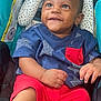 Denim is registered to the contest to win money with this photo: baby, child, smiling, blue_shirt, red_shorts, baby_seat, patterned, curly_hair, happy, infant, cute, portrait, sitting, indoors, small_hands, barefoot, bright_colors, closeup, young, person